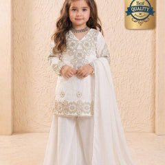 Girls Off White Embroidered Kurta Palazzo Set with Dupatta
