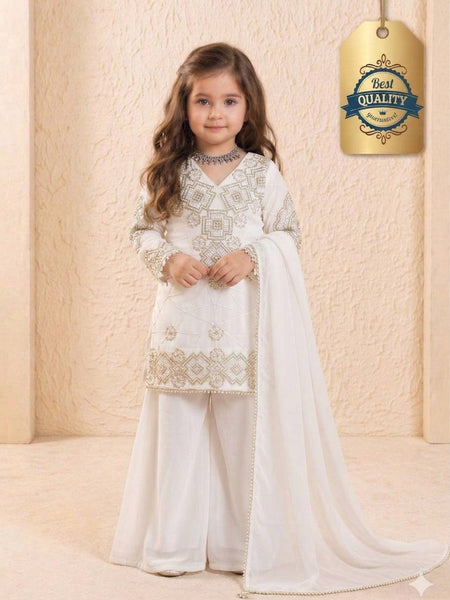 Girls Off White Embroidered Kurta Palazzo Set with Dupatta