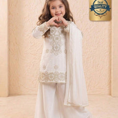 Girls Off White Embroidered Kurta Palazzo Set with Dupatta