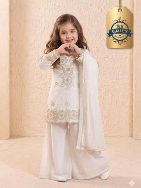 Girls Off White Embroidered Kurta Palazzo Set with Dupatta