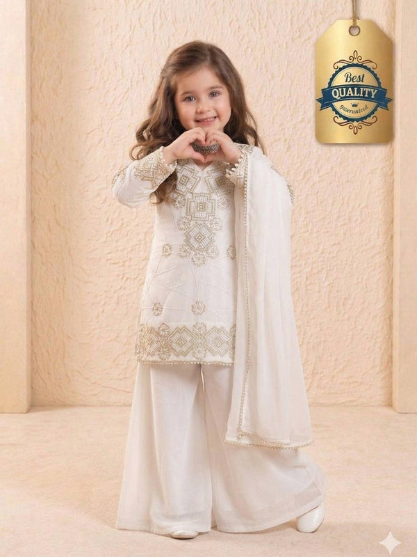 Girls Off White Embroidered Kurta Palazzo Set with Dupatta