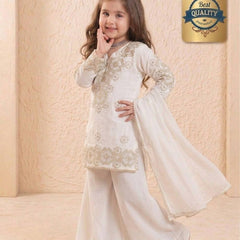 Girls Off White Embroidered Kurta Palazzo Set with Dupatta