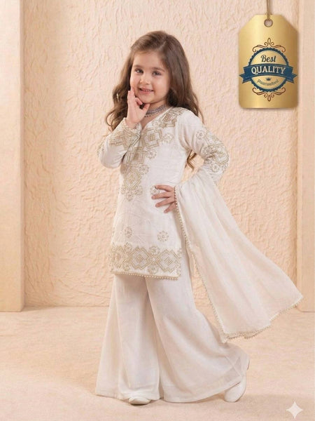 Girls Off White Embroidered Kurta Palazzo Set with Dupatta
