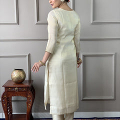 Women Cream Embroidered Kurta Set with Printed Dupatta