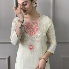 Women Cream Embroidered Kurta Set with Printed Dupatta