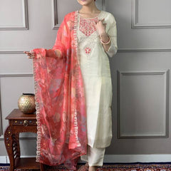 Women Cream Embroidered Kurta Set with Printed Dupatta