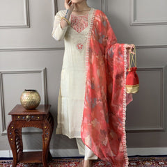Women Cream Embroidered Kurta Set with Printed Dupatta