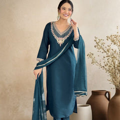 Women Teal Green Embroidered Kurta Set with Dupatta