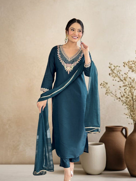 Women Teal Green Embroidered Kurta Set with Dupatta