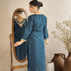Women Teal Green Embroidered Kurta Set with Dupatta