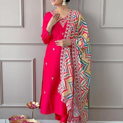 Women Pink Silk Embroidered Kurta Set with Printed Dupatta