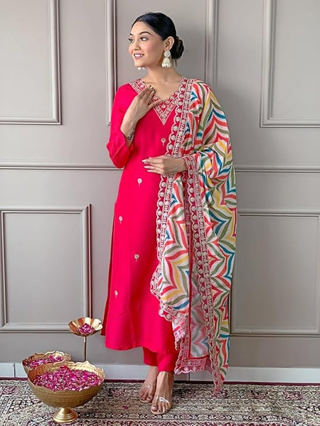 Women Pink Silk Embroidered Kurta Set with Printed Dupatta