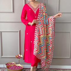Women Pink Silk Embroidered Kurta Set with Printed Dupatta