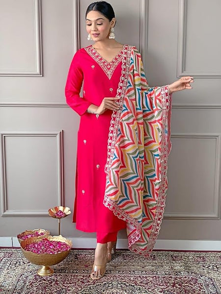 Women Pink Silk Embroidered Kurta Set with Printed Dupatta