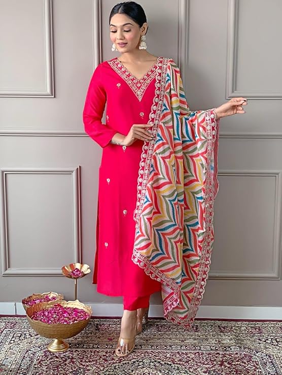 Women Pink Silk Embroidered Kurta Set with Printed Dupatta