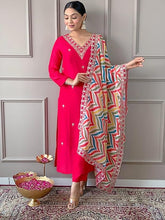 Women Pink Silk Embroidered Kurta Set with Printed Dupatta