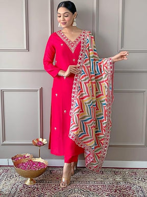 Women Pink Silk Embroidered Kurta Set with Printed Dupatta
