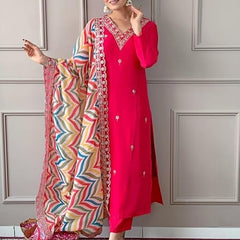 Women Pink Silk Embroidered Kurta Set with Printed Dupatta
