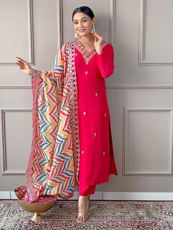 Women Pink Silk Embroidered Kurta Set with Printed Dupatta