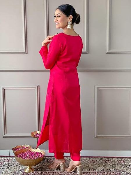 Women Pink Silk Embroidered Kurta Set with Printed Dupatta