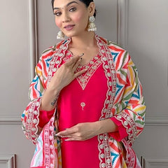 Women Pink Silk Embroidered Kurta Set with Printed Dupatta