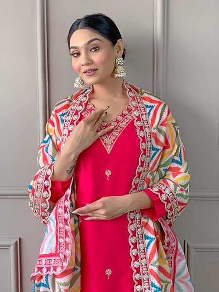 Women Pink Silk Embroidered Kurta Set with Printed Dupatta