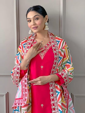 Women Pink Silk Embroidered Kurta Set with Printed Dupatta