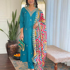 Women Teal Blue Embroidered Kurta Set with Printed Dupatta