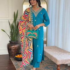 Women Teal Blue Embroidered Kurta Set with Printed Dupatta