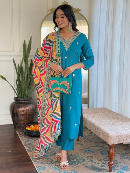 Women Teal Blue Embroidered Kurta Set with Printed Dupatta