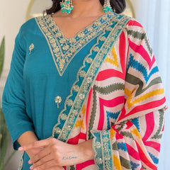 Women Teal Blue Embroidered Kurta Set with Printed Dupatta