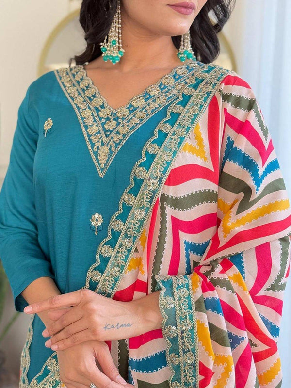 Women Teal Blue Embroidered Kurta Set with Printed Dupatta