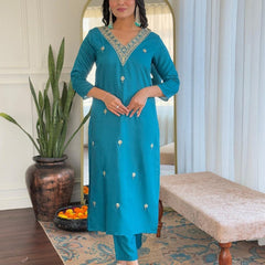 Women Teal Blue Embroidered Kurta Set with Printed Dupatta