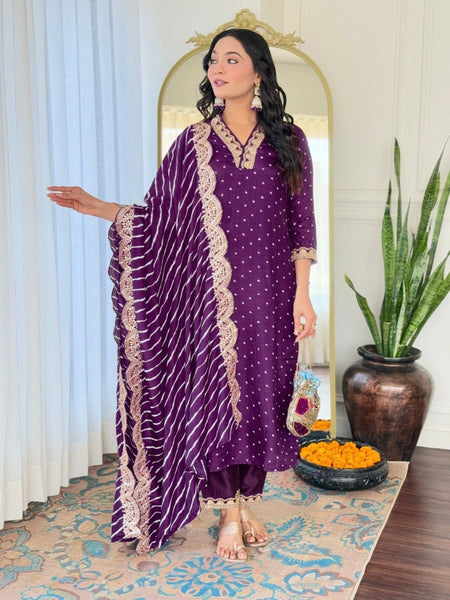 Women Purple Embroidered Kurta Set with Dupatta