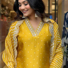 Women Mustard Yellow Embroidered Kurta Set with Dupatta