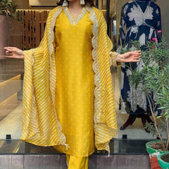Women Mustard Yellow Embroidered Kurta Set with Dupatta