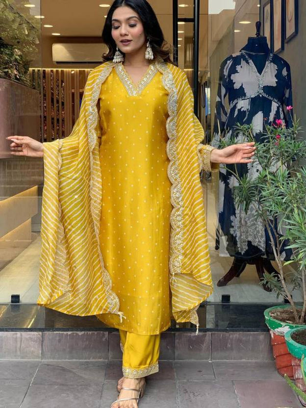 Women Mustard Yellow Embroidered Kurta Set with Dupatta