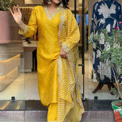 Women Mustard Yellow Embroidered Kurta Set with Dupatta