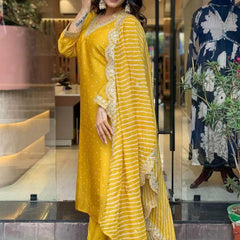 Women Mustard Yellow Embroidered Kurta Set with Dupatta