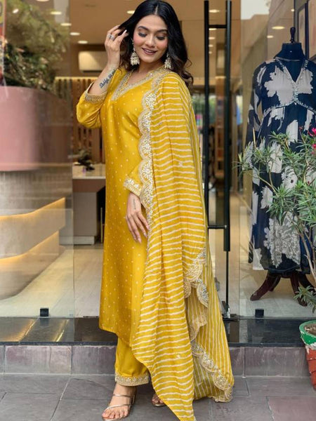 Women Mustard Yellow Embroidered Kurta Set with Dupatta
