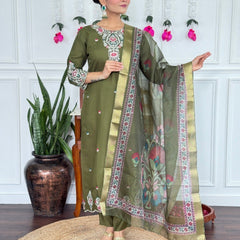 Women Olive Green Embroidered Kurta Set with Printed Dupatta