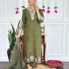 Women Olive Green Embroidered Kurta Set with Printed Dupatta