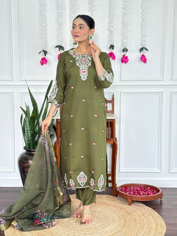 Women Olive Green Embroidered Kurta Set with Printed Dupatta