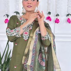 Women Olive Green Embroidered Kurta Set with Printed Dupatta