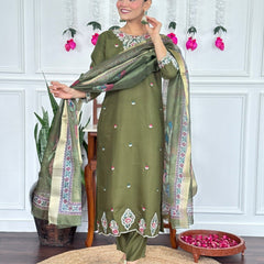 Women Olive Green Embroidered Kurta Set with Printed Dupatta