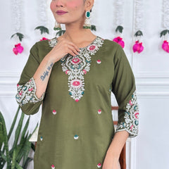 Women Olive Green Embroidered Kurta Set with Printed Dupatta