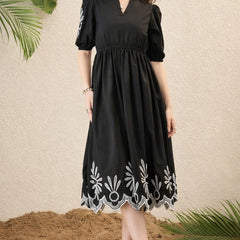 Women Black Embroidered Midi Dress