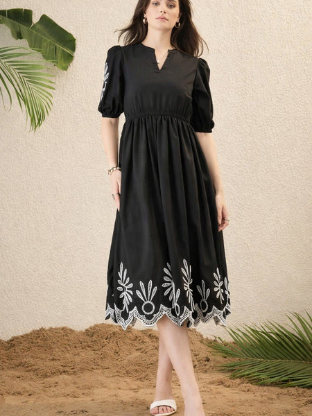 Women Black Embroidered Midi Dress