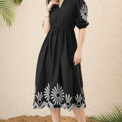 Women Black Embroidered Midi Dress