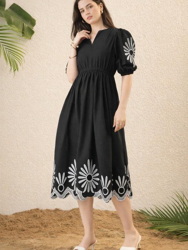 Women Black Embroidered Midi Dress